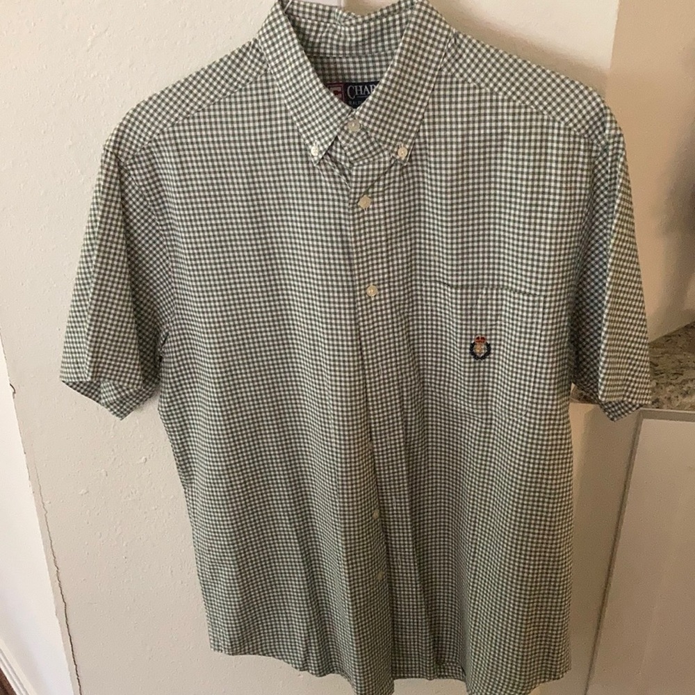 Green & white checkered short sleeve button down